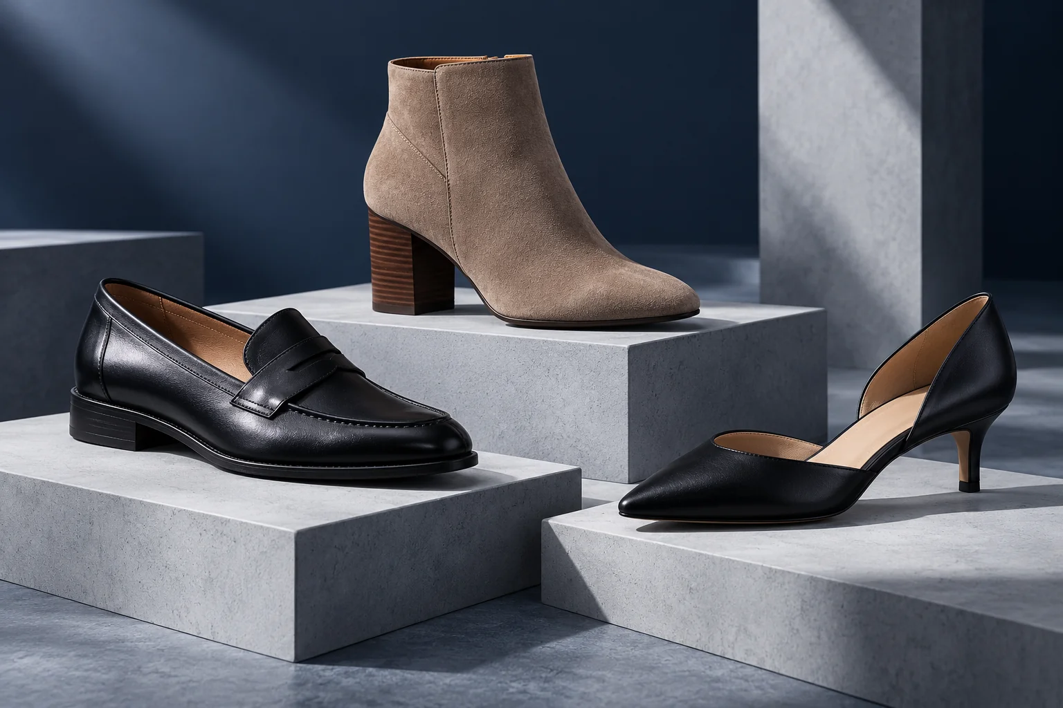 Design concepts: leather loafer, suede ankle boot and low-heel fashion shoe